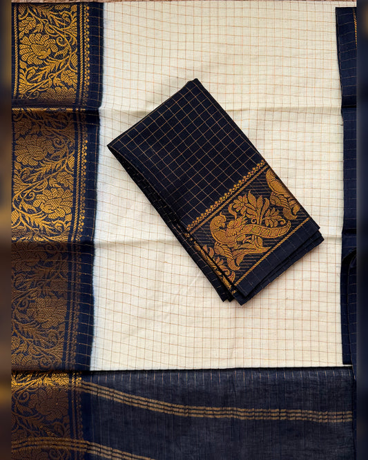 SL980 Off- white with black sungudi cotton saree with blouse