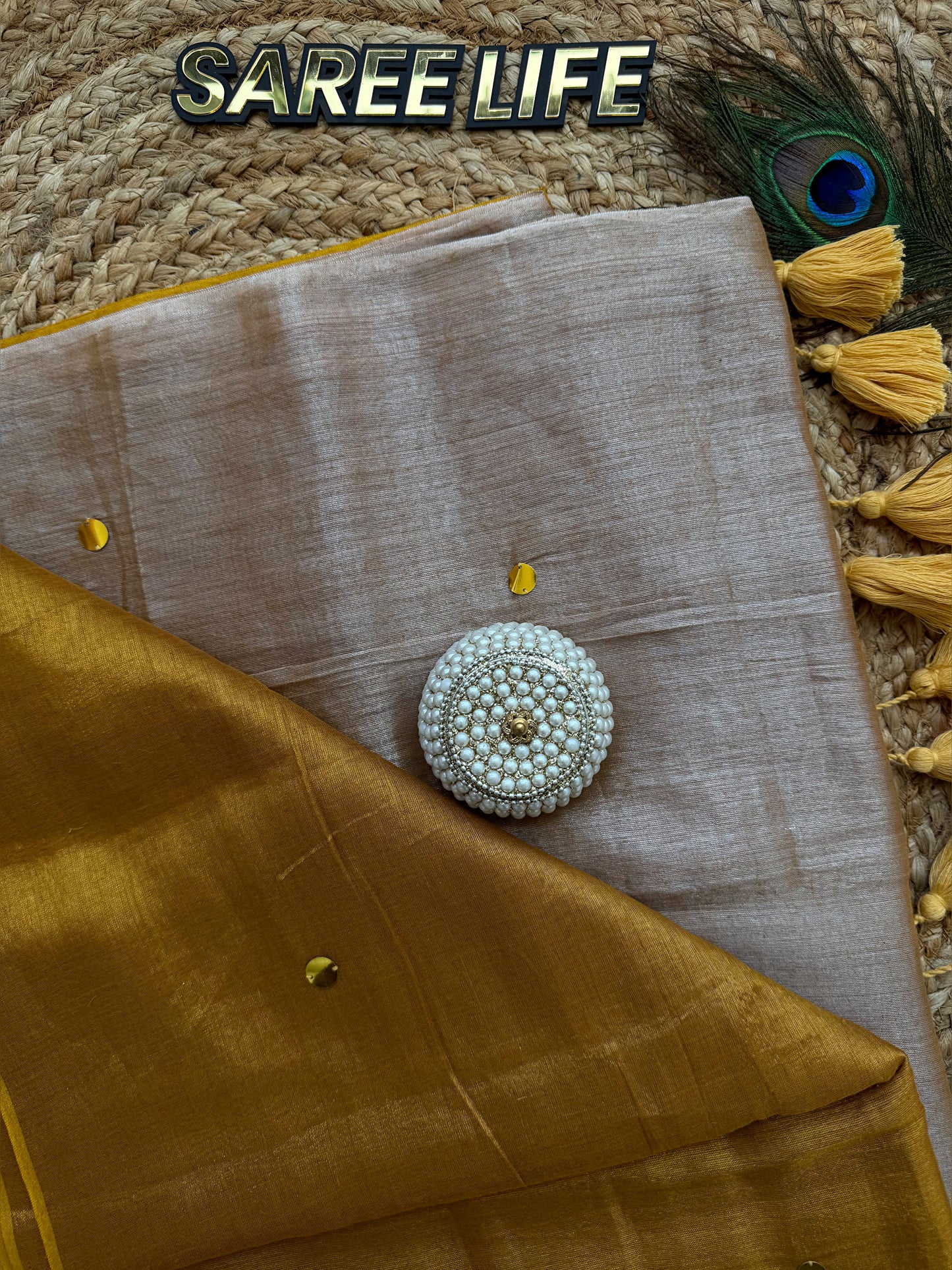 SL992 Golden silver half and half tissue saree with blouse