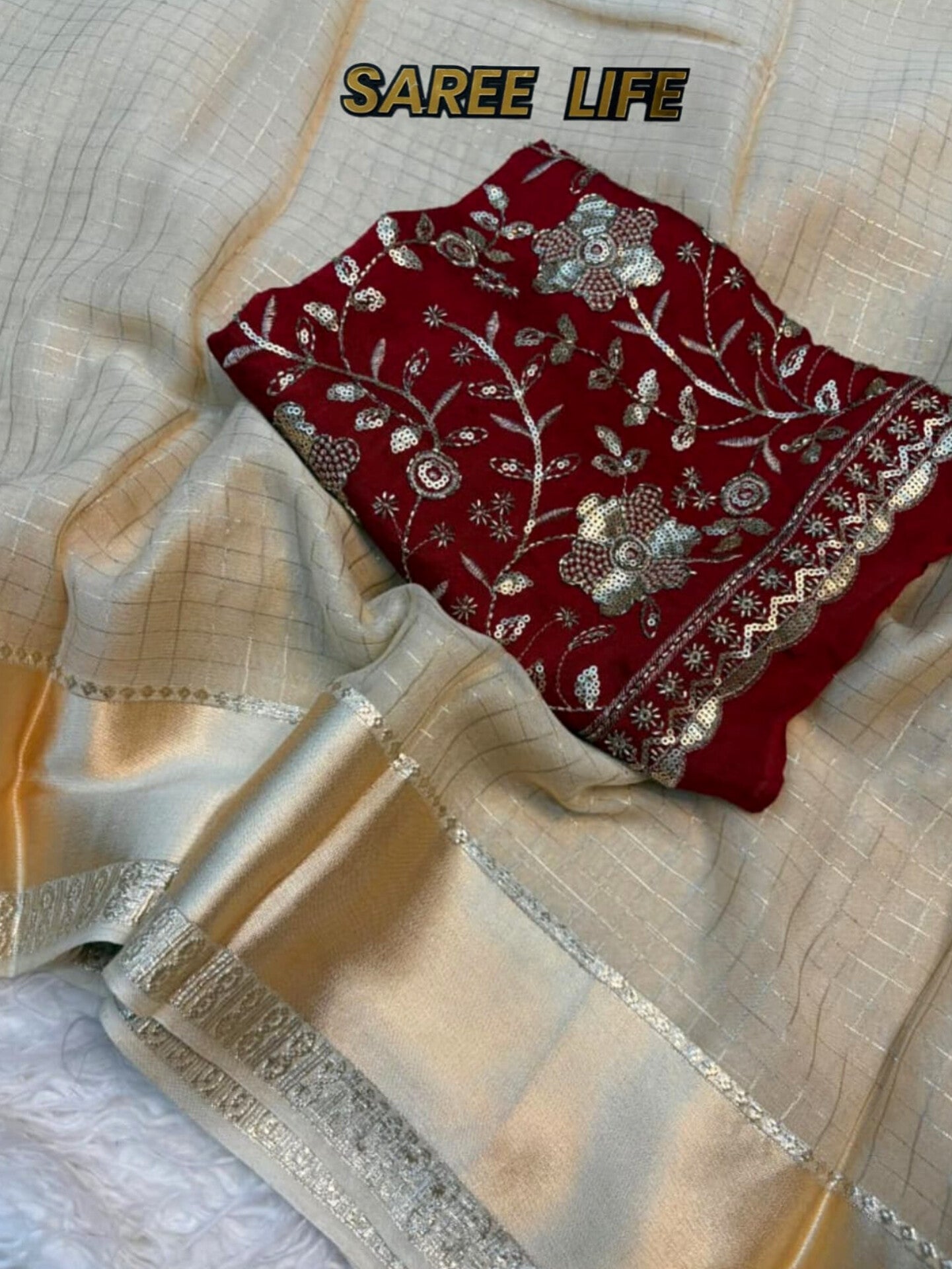 T991 Onam Beige geogrette saree with blouse