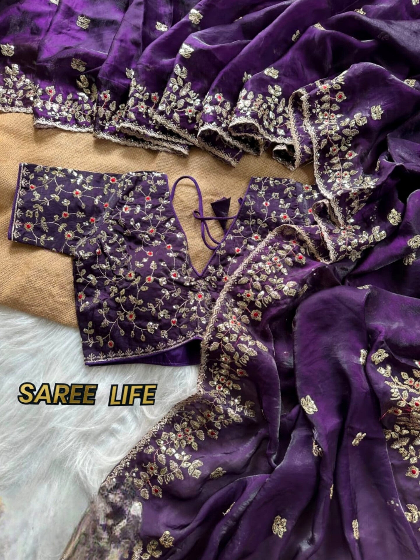 W998 Purple fenty silk saree with stitched blouse