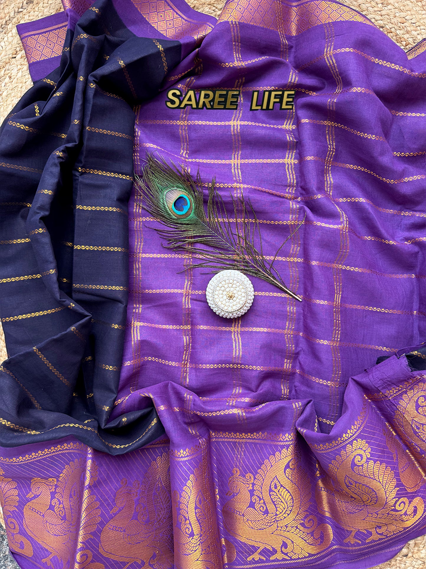 SL979 Navy blouse with lavender sungudi cotton saree with blouse