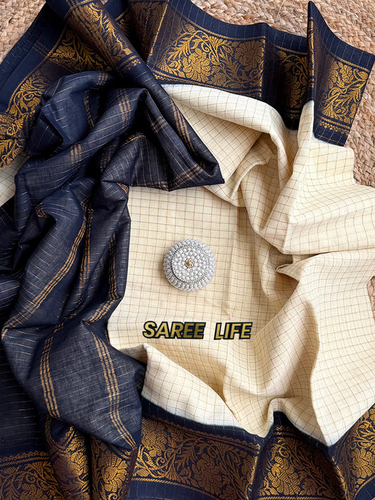 SL980 Off- white with black sungudi cotton saree with blouse