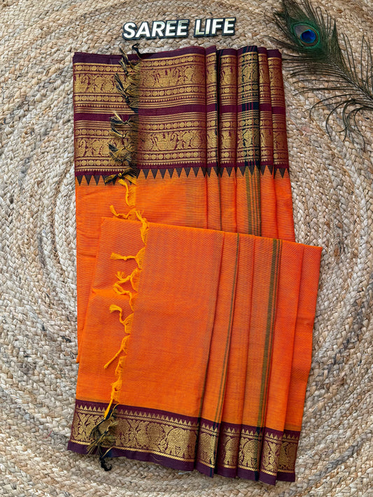 SL995 Rust orange Kanchi cotton saree with blouse