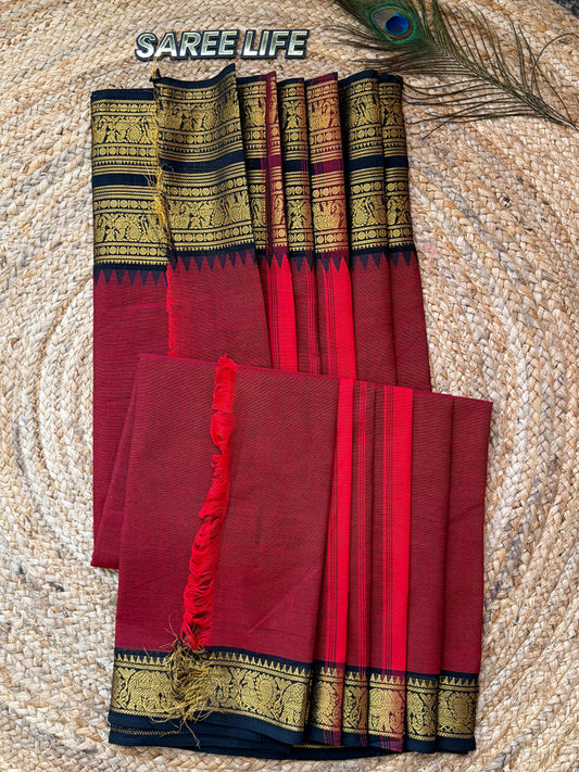 SL994 Maroonish red with black Kanchi cotton saree with blouse