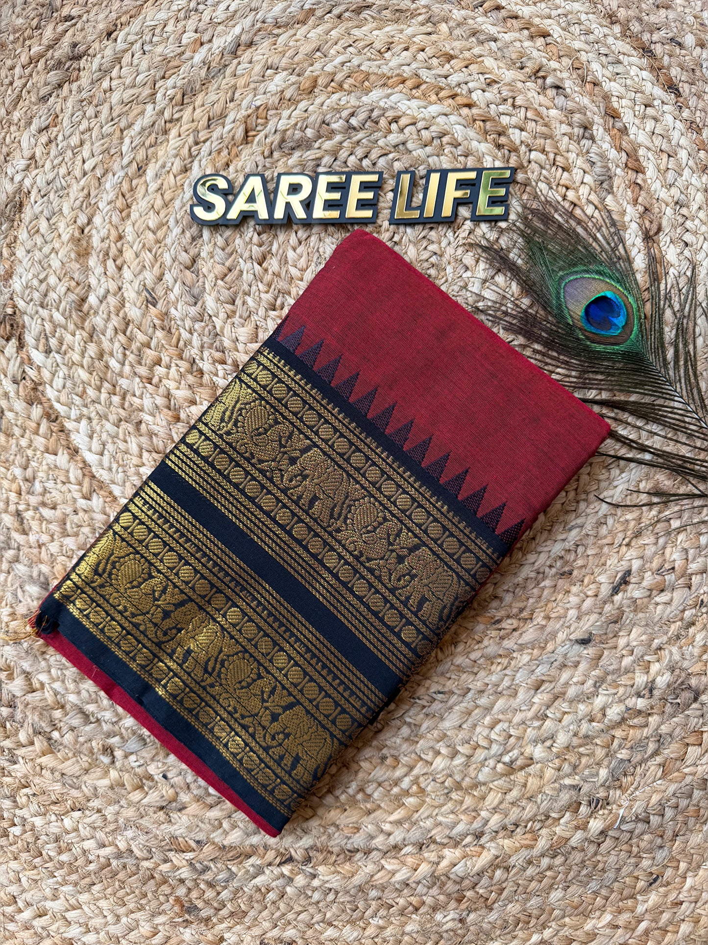 SL994 Maroonish red with black Kanchi cotton saree with blouse