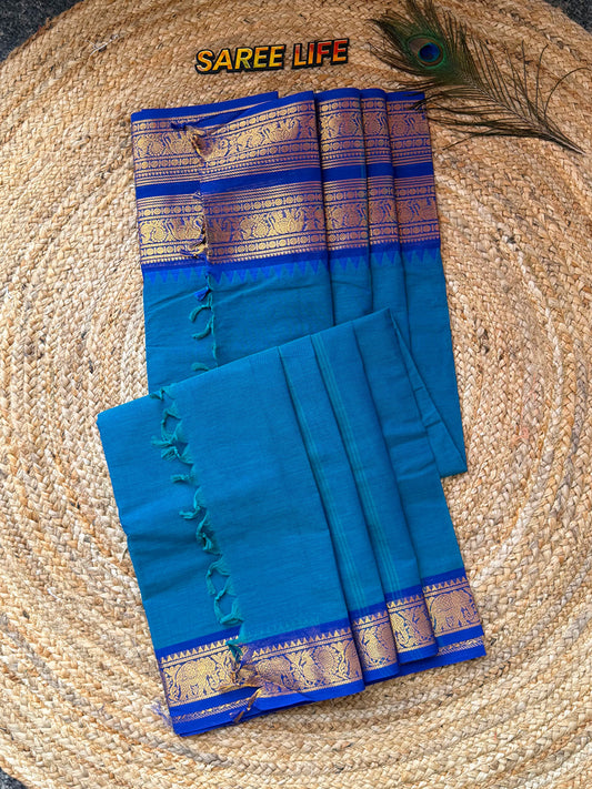 SL993 Peacock blue kanchi cotton saree with blouse