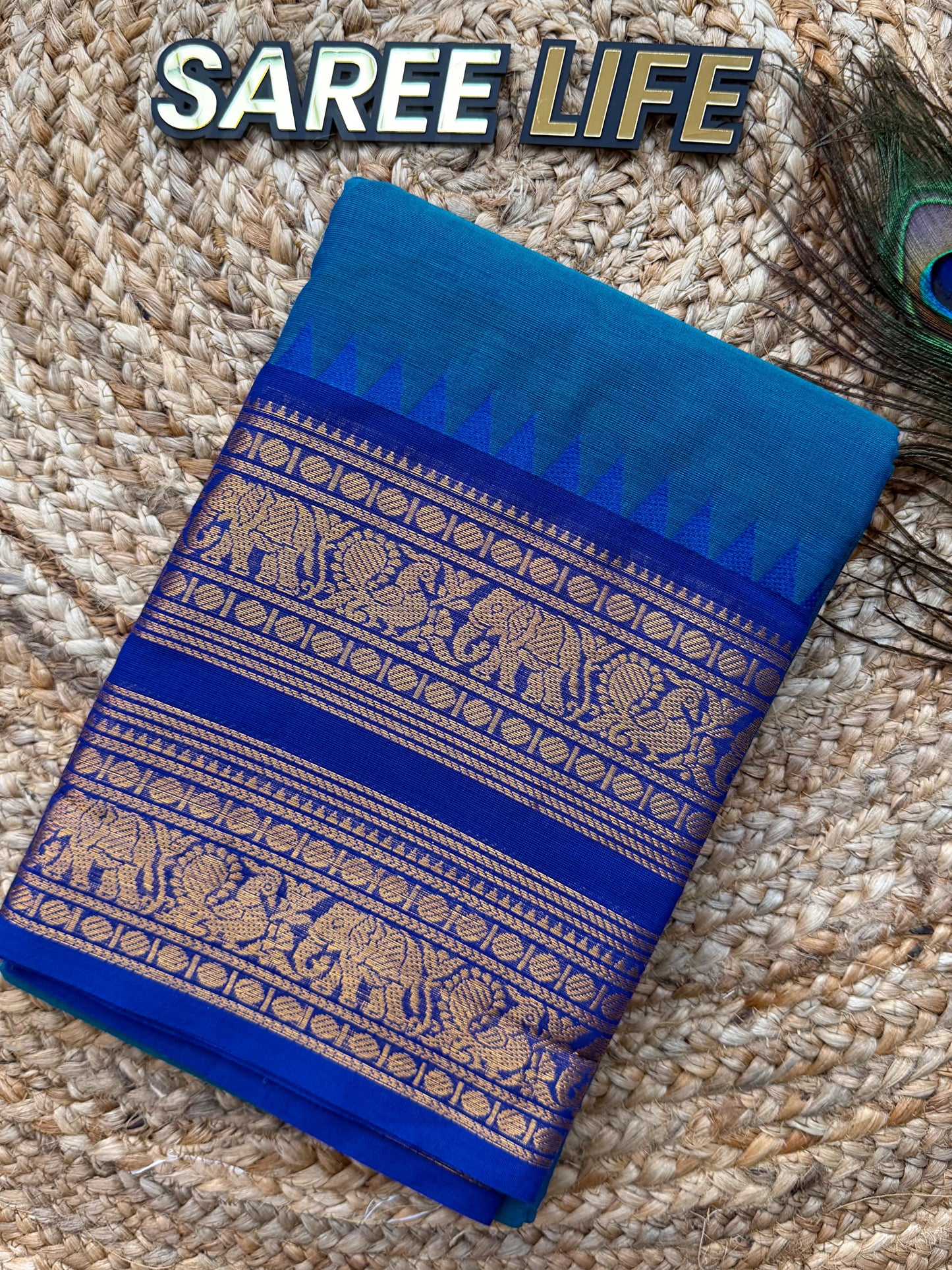 SL993 Peacock blue kanchi cotton saree with blouse
