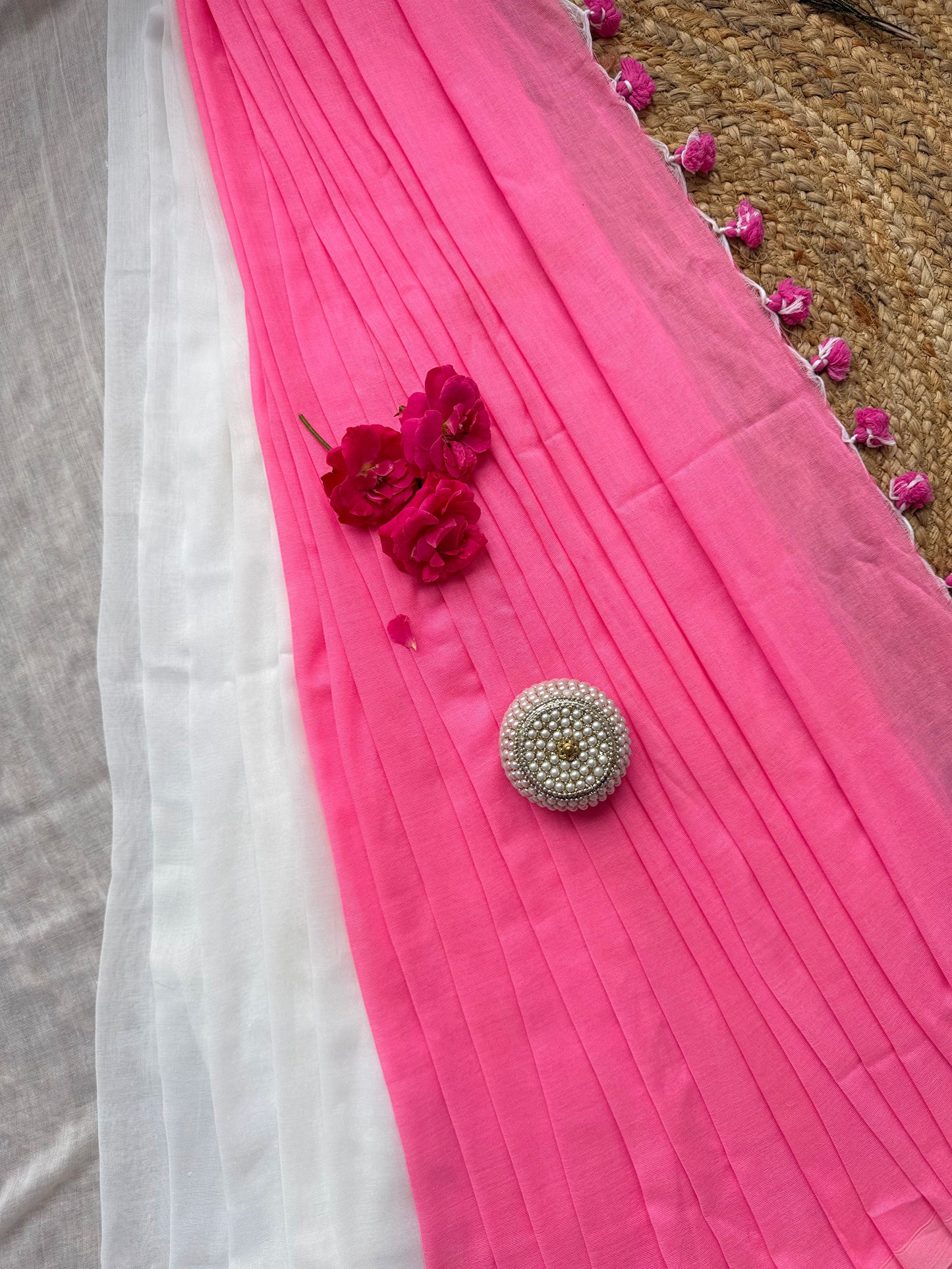SM1002 Baby pink with white kadhi cotton saree with blouse