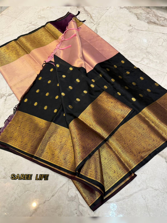 T992 Baby pink with black kanchi silk saree with blouse