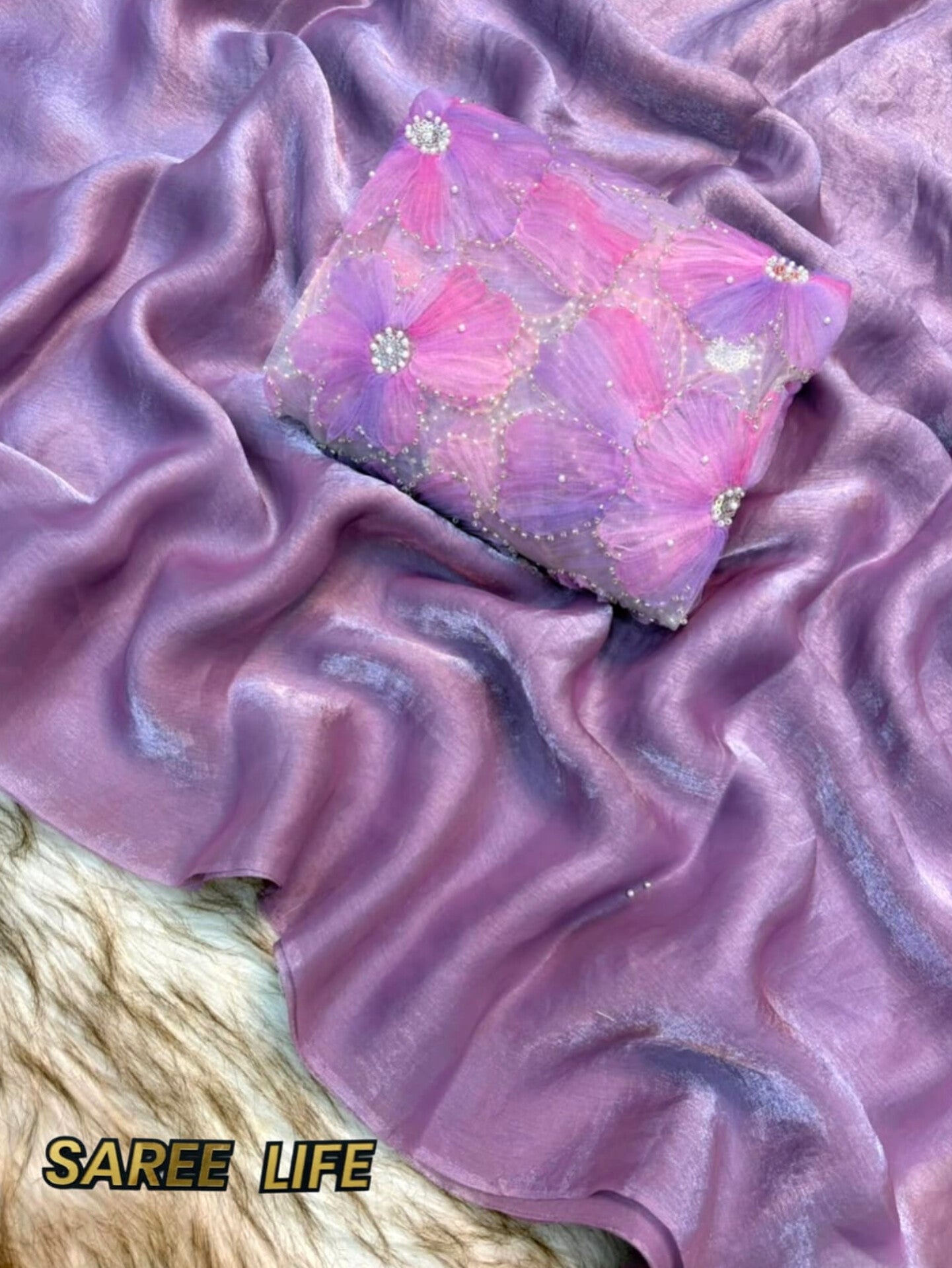 T986 Lavender fenty satin silk saree with blouse