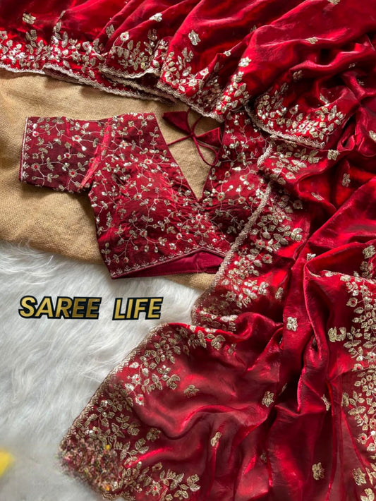 W996 Red fenty silk saree with blouse