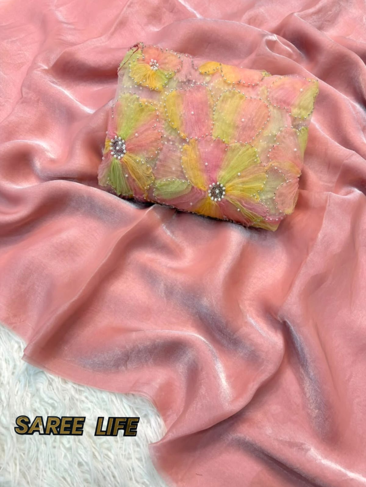 T988 Peach fenty satin silk saree with blouse