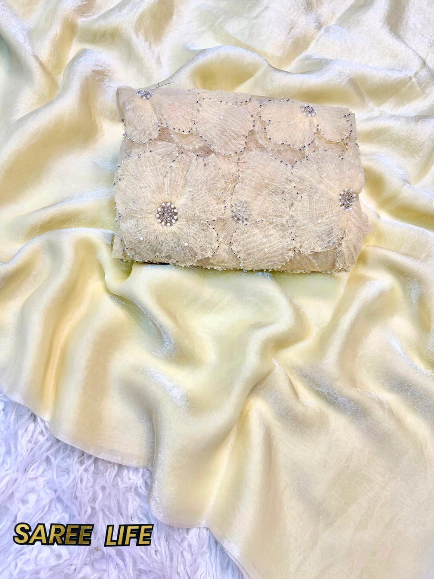 SM1006 Off- white Beige satin silk saree with blouse