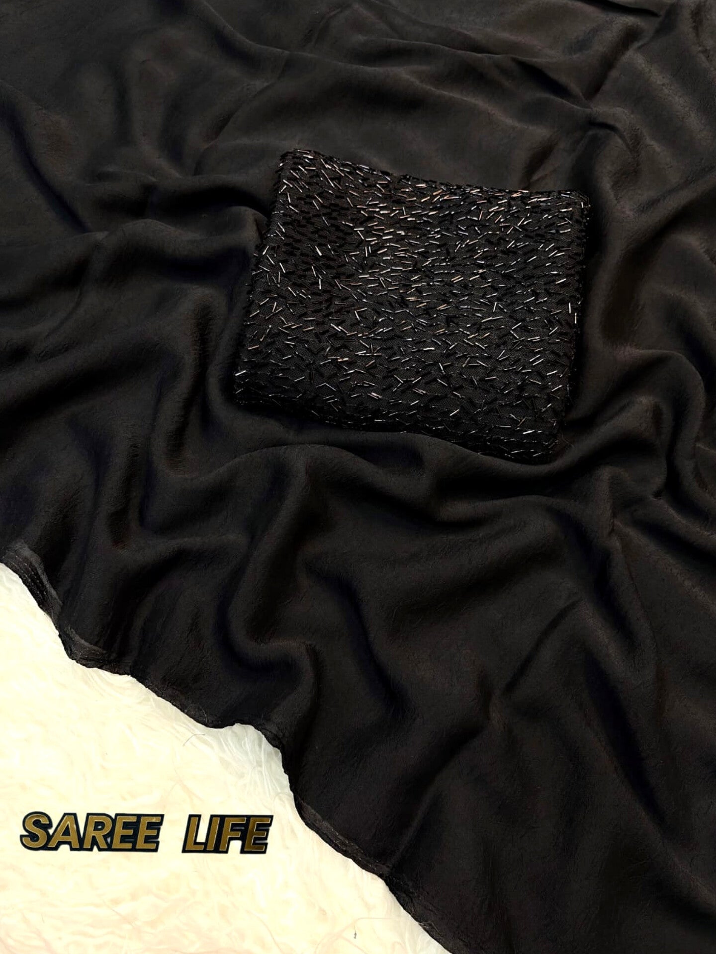 T996 Black geogrette satin saree with blouse
